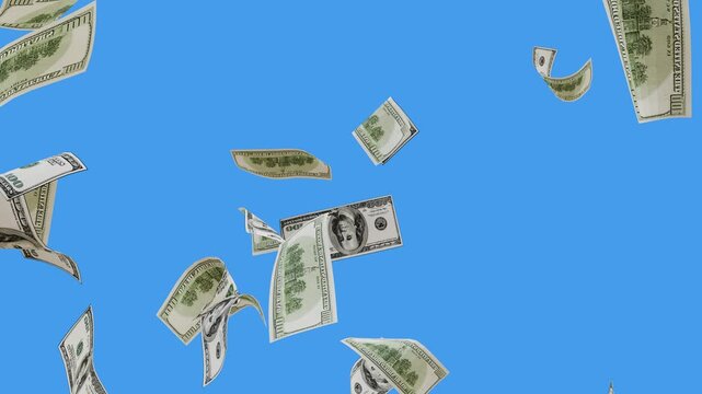 Dollar Banknotes Falling and Flying Animation with alpha chanal background. Money Rain 3D Dollars Falling Loop. USD Cash Flying and Falling Motion