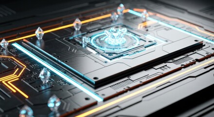 Glowing CPU core with crystals on a complex, futuristic circuit board surface