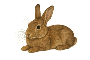 Fototapeta premium Brown domestic rabbit lying down. Cute furry bunny with big ears and dark eyes. Animal artwork on transparent background