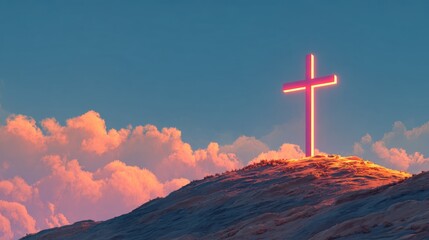 Bright Neon Cross on Snowy Mountain Peak at Sunset with Pink Clouds