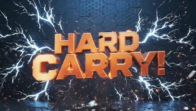 Explosion of golden hard carry text with debris and lightning