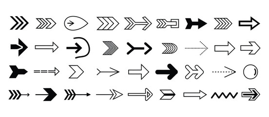 Naklejka premium Arrow icon set, including multiple directional icons in outline and filled styles, designed on white background for digital interfaces, web design