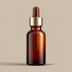 Fototapeta premium A minimalist amber glass dropper bottle with a golden cap on a plain background.