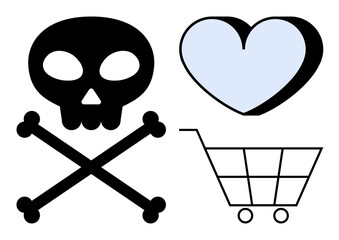 Danger, love, consumer behavior, online shopping, ethics, commerce. Skull and crossbones, heart icon and shopping cart. Danger and consumer behavior concepts in contrasting elements