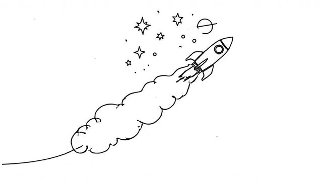 smooth continuous line drawing a rocket launching upward in a minimal outline style. Perfect for technology, startup, and corporate video projects.