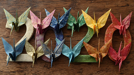 Origami Cranes Forming the Number 2020