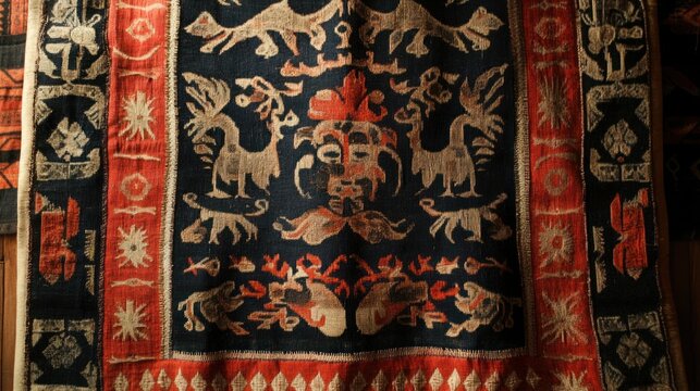 An Iban ritual Pua Kumbu textile, woven with powerful spiritual motifs, threads seem to writhe with captured spirits, dim longhouse light