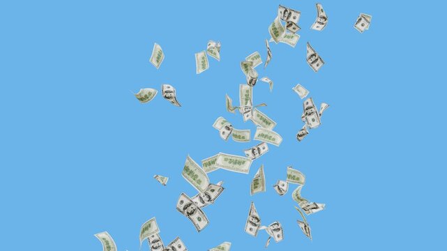 Dollar Banknotes Falling and Flying Animation with alpha chanal background. Money Rain 3D Dollars Falling Loop. USD Cash Flying and Falling Motion