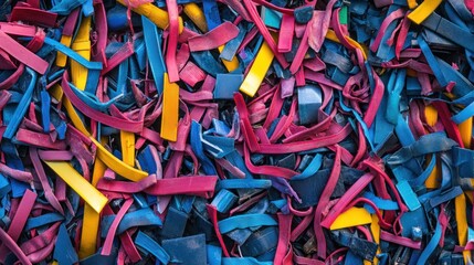 Shredded e-waste, a colorful mix of plastic and metal, ready for separation, real texture, detailed