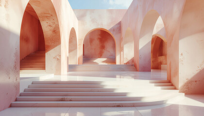 Architectural scene with multiple arches and steps in a warm pinkish-orange building under bright sunlight, casting strong shadows.