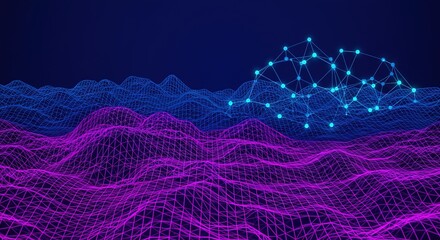 Abstract futuristic digital network topography connecting over a vibrant neon landscape