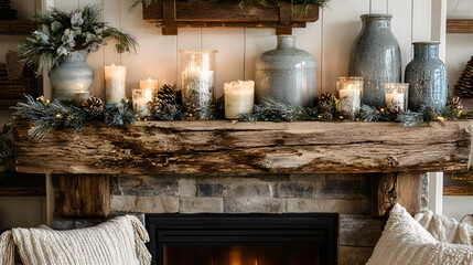 Cozy winter fireplace mantel display