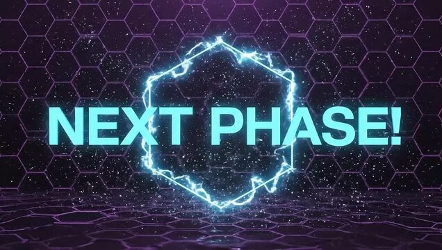 Next phase digital graphic with energy burst and hexagonal grid
