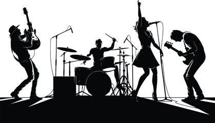 Rock band performing live on stage, energetic musicians playing guitar, drums, and singing, concert performance silhouette, music show illustration for poster design
