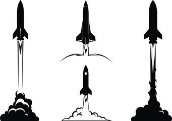 Rocket Launch Silhouette Vector Set, Black and White Spacecraft Illustrations, Vertical Liftoff Scenes, Exhaust Plume Graphics, Aerospace Motion, Outer Space Icons