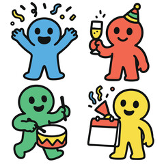 Happy colorful party characters celebrating with confetti and instruments