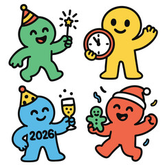 Party characters celebrating with clock and gingerbread cookie joyful festive scene