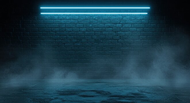 A dark, smoky room with a bright blue neon light illuminating a brick wall and floor