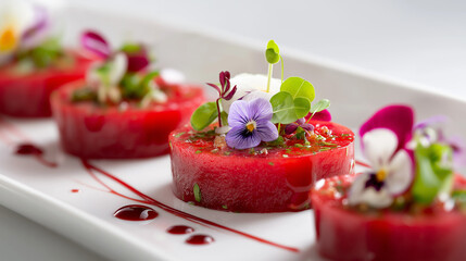 Luxury Valentine’s Day starter course, modern plating, clean background