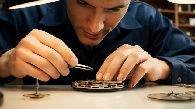 Close up of a skilled watchmaker meticulously repairing a mechanical watch with precision tools in his workshop.