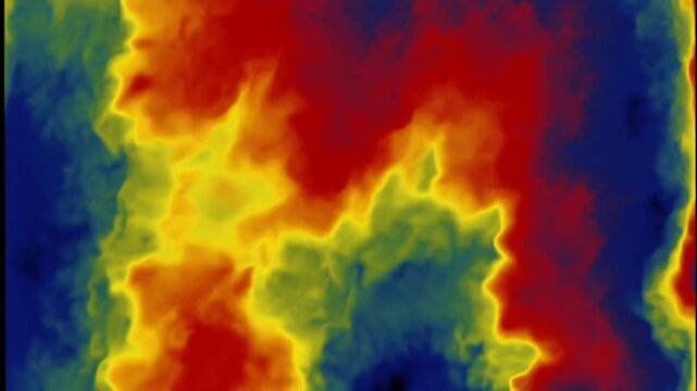 Vibrant abstract pattern of swirling red, orange, yellow, and blue colors creating a dynamic, fluid-like motion with a high-contrast visual effect.