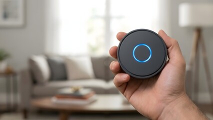 Person Holding Smart Home Device in Living Room.