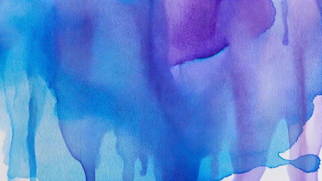 Vibrant blue and purple alcohol ink or watercolor paint bleeding and dripping on a white background, creating a fluid abstract texture.