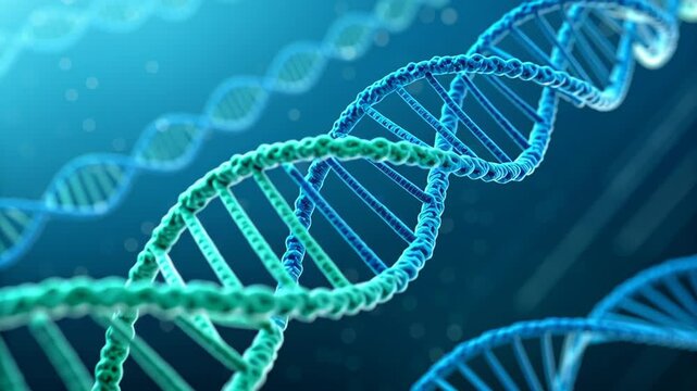 Chaotic virus code on terminal screen concept. Colorful DNA strands intertwined against a blue backdrop, illustrating genetic structures.