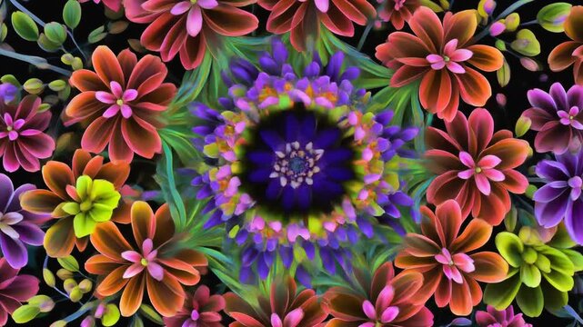 Vibrant abstract floral pattern featuring glowing, colorful flowers and intricate botanical elements arranged symmetrically on a dark background, creating a decorative design.