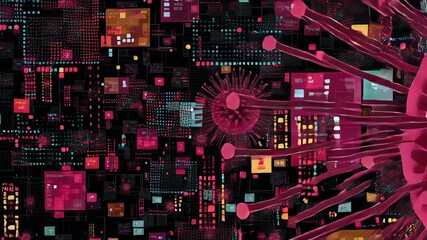 Chaotic virus code on terminal screen concept. Abstract digital visuals display virus shapes amidst a busy terminal interface. - Powered by Adobe
