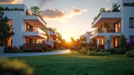 Fototapeta premium Modern apartment buildings at sunset, lush greenery