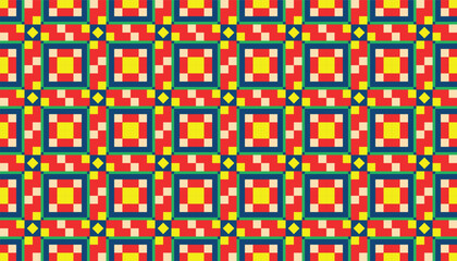 A vibrant seamless geometric pattern featuring layered square shapes with bold red, yellow, blue, and green colors in a rhythmic grid layout