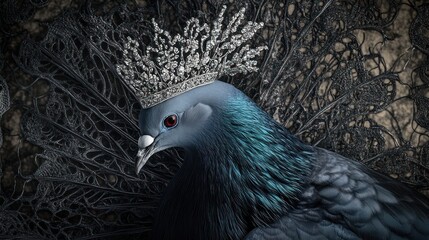 Victoria Crowned Pigeon, its elegant crest like a fan of delicate, silver lace, surreal intricate metalwork texture, soft, aristocratic lighting