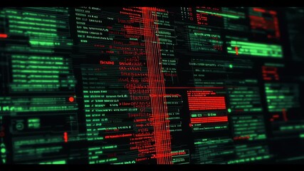 Chaotic virus code on terminal screen concept. A visually complex display of data with vibrant green and red coding lines. - Powered by Adobe