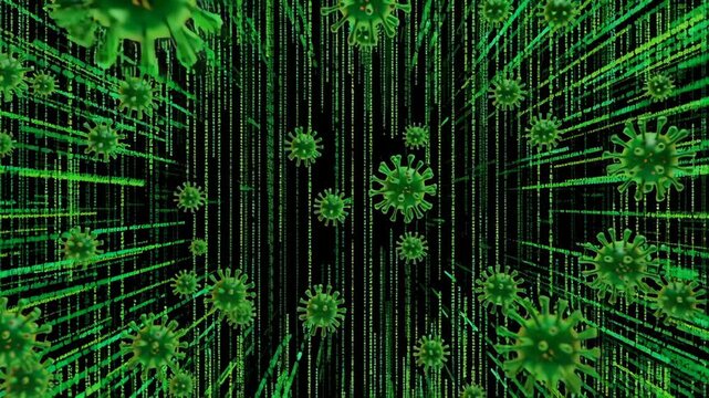 Chaotic virus code on terminal screen concept. Visual representation of viruses amidst a digital code background.
