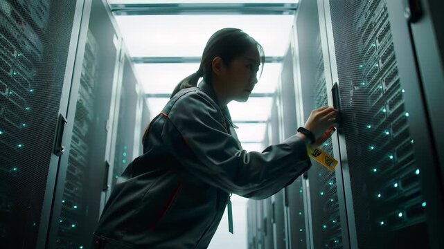Professional Asian female technician inspecting modern server racks in a dark datacenter with neon cyan lights, illustrating cybersecurity maintenance concepts