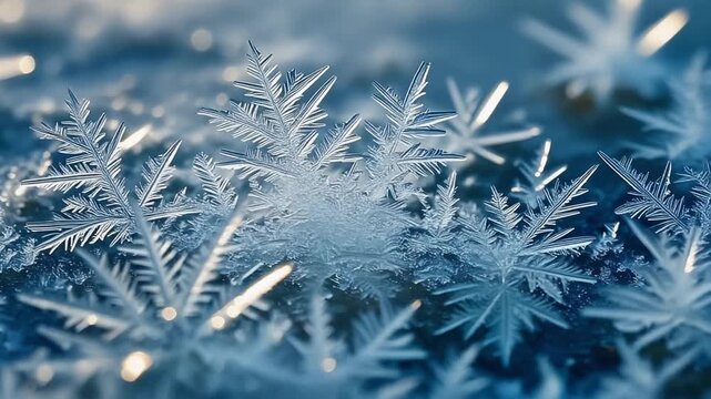 Close-up of intricate ice crystals and snowflakes sparkling on a frosty surface with a soft blue bokeh background in winter.