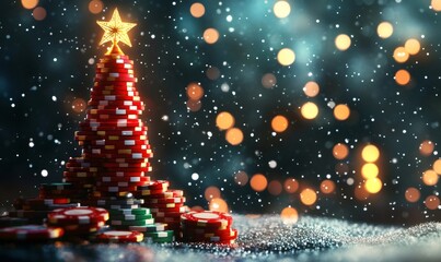 Fototapeta premium Stacks of red casino chips forming a festive christmas tree with a golden star, falling snow, and bokeh lights