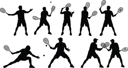 Professional Tennis Player Silhouettes Set of Nine Different Action Poses Vector Illustration Collection for Sports Marketing, Event Posters, and Design Assets