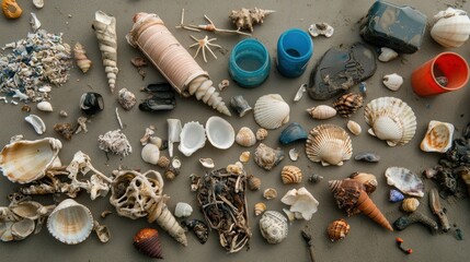 Seashells and ocean debris, cleaned and sorted, natural recycling, real objects, coastal theme