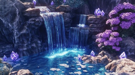 Waterfall with water that has a subtle shimmering, pearlescent quality, flowing over geode-like rocks, enchanting fantasy