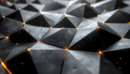 Abstract dark polygonal surface with glowing orange nodes and interconnected lines, creating a futuristic geometric pattern.