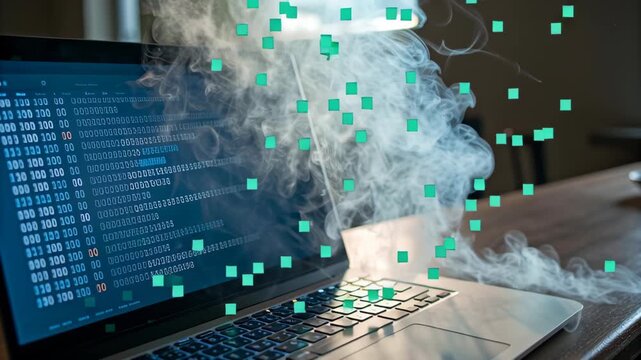Chaotic virus code on terminal screen concept. A laptop displays binary code with smoke, symbolizing digital chaos and cybersecurity threats.