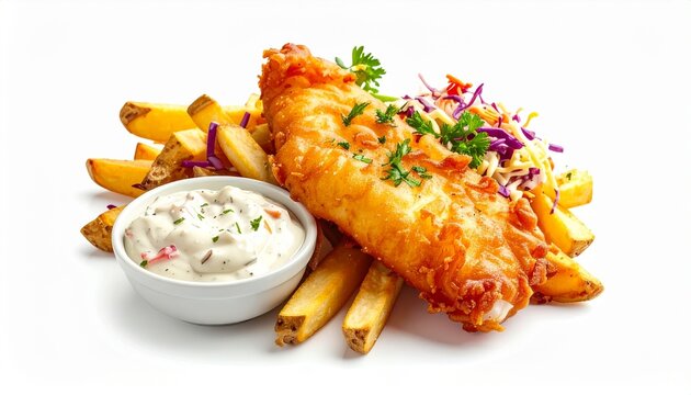 Fried fish and chips with tartar sauce dip