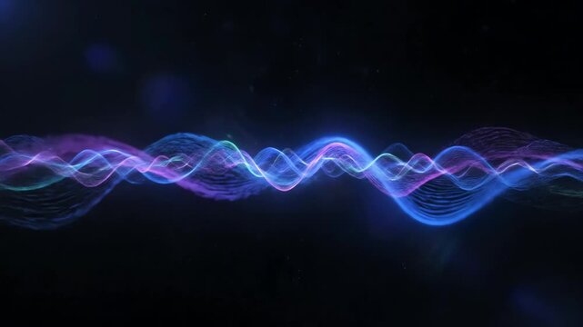 Futuristic abstract background of a glowing particle sound wave animation in blue and purple