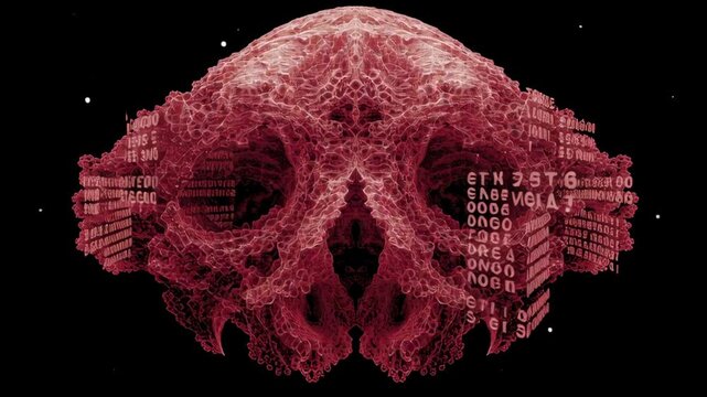 Chaotic virus code on terminal screen concept. Abstract representation of a virus with intricate details in a red hue against a black background.