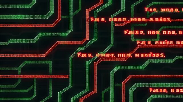Chaotic virus code on terminal screen concept. Colorful circuit patterns in red and green on a dark background.