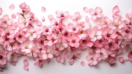 Obraz premium Close-up of delicate, pink blossoms with petals scattered against a bright white background
