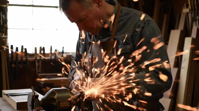 Focused senior craftsman sharpening a metal tool on a bench grinder, generating bright flying sparks in a rustic workshop environment.