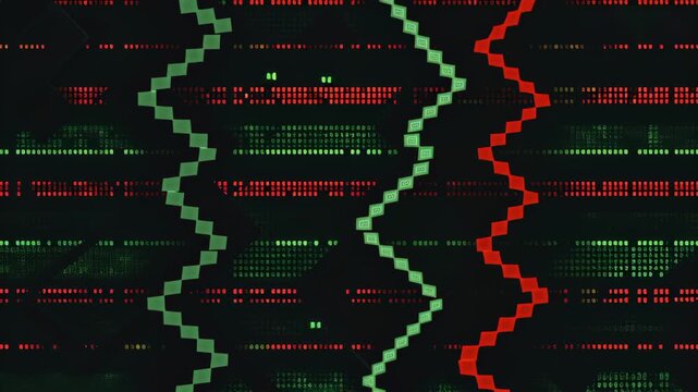 Chaotic virus code on terminal screen concept. Visual representation of digital data with green and red patterns resembling code sequences.